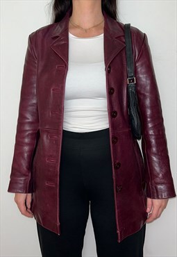 Vintage Burgundy Cherry Red Real Leather Blazer Jacket