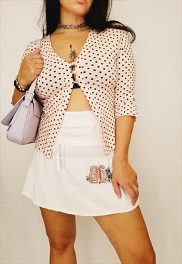 Y2K 00s pink polka dot open front jersey blouse top