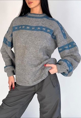 UNISEX VINTAGE GREY & BLUE HIGH NECK CHUNKY KNIT JUMPER