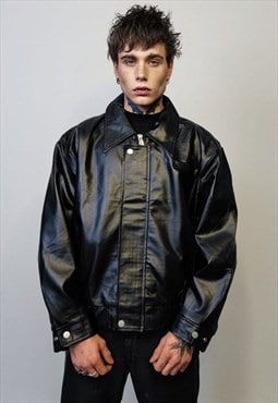 Faux leather aviator jacket PU rocker bomber grunge utility 