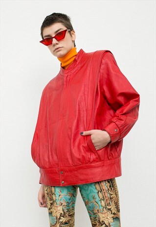 VINTAGE LEATHER JACKET RED BOMBER JACKET SPRING AUTUMN 90S