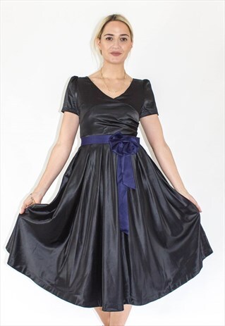 VINTAGE ROCKABILLY SATIN BOW MIDI SUMMER DRESS