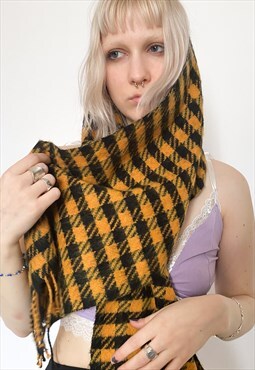 Vintage 90s plaid wool scarf in orange / black