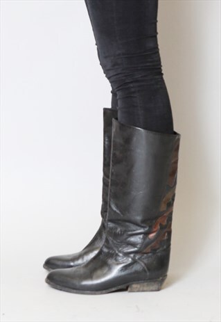 VINTAGE 1980'S BLACK FLAT ZIG ZAG LEATHER BOOTS