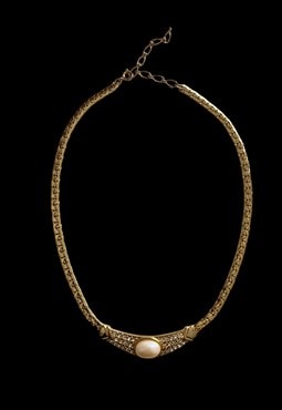 80's Gold Metal Vintage Ladies Necklace Diamante Pearl