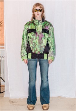 90's Vintage mixed print puffer jacket in slime green
