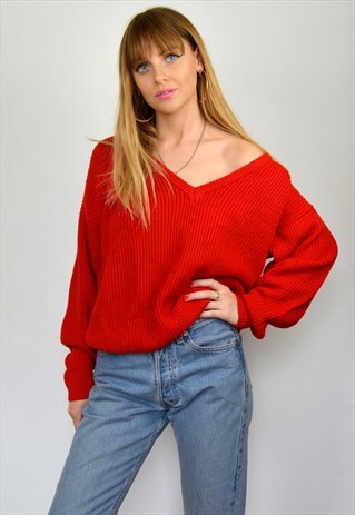 VINTAGE RED CABLE KNITTED SLOUCHY V NECK JUMPER