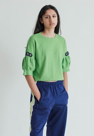 Vintage Y2k Crop Puffer Beaded Sleeve Top in Green S