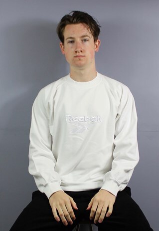 VINTAGE REEBOK SWEATSHIRT IN WHITE WITH EMBROIDERED SPELL OU