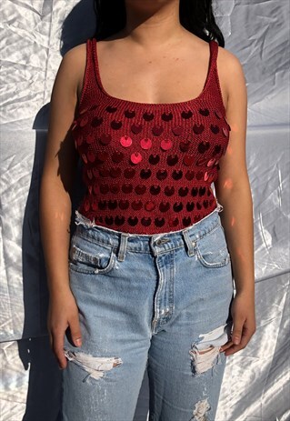 GIRASOLE SZ L 90'S KNIT SEQUIN TOP RED
