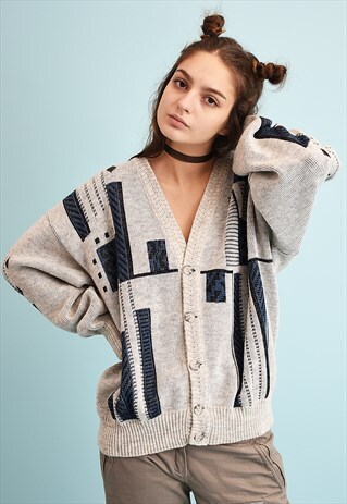 90'S RETRO ABSTRACT PATTERN KNIT GRANDADS OVERSIZED CARDIGAN