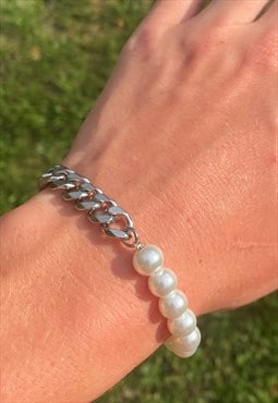 Mens Half Faux Pearl Half Cuban Chain Bracelet 8mm