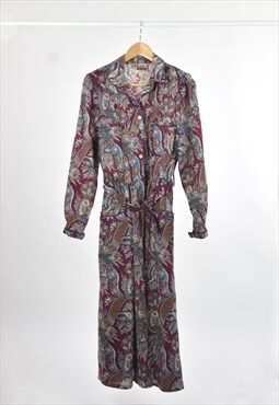 70s Vintage Long Sleeve Floral Shirt Dress w/ Belt & Pockets