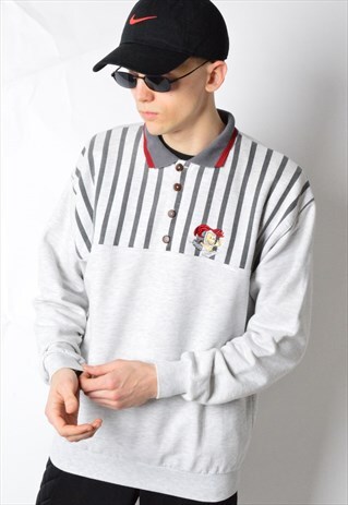VINTAGE 90S GREY STRIPED 1/4 BUTTON EMBROIDERD SWEATSHIRT