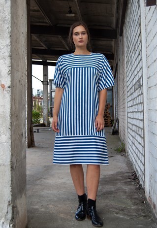 VINTAGE RETRO BLUE WHITE STRIPY LONG DRESS