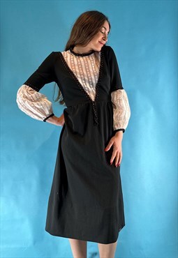 Vintage 70s Cottage Core Black Dress Lace Sleeves Frill Trim