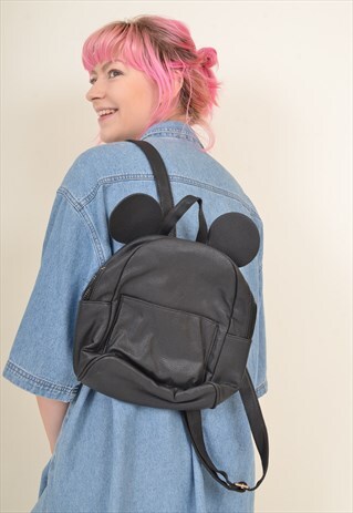 VINTAGE 90'S MICKY MOUSE FAUX LEATHER BACKPACK HANDBAG BLACK