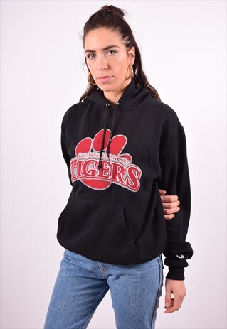 CHAMPION WOMENS VINTAGE HOODIE JUMPER SMALL BLACK 90'S