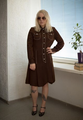 VINTAGE 70'S BROWN LONG SLEEVED DRESS