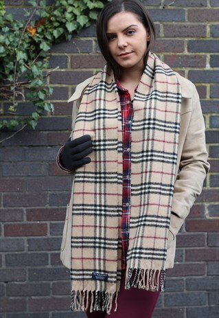 VINTAGE LAMBSWOOL CHECKED SCARF CREAM-AS135