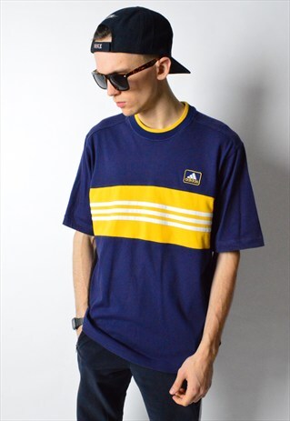 VINTAGE 90S NAVY BLUE YELLOW ADIDAS T-SHIRT