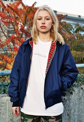 NAVY HARRINGTON JACKET WITH CONTRAST TARTAN LINING