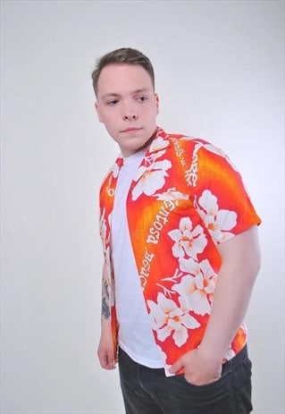 90s Hawaii shirt in orange, vintage vocation floral print 