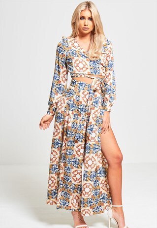 ORANGE PRINTED SPLIT LEG CROPPED TOP MATCHING TWO PIECE SET