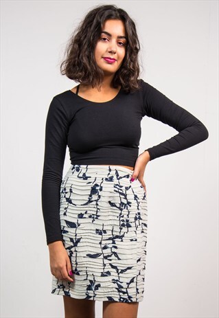 VINTAGE NAVY FLORAL PATTERNED RUCHED PENCIL SKIRT