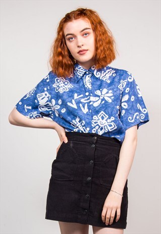 90'S VINTAGE BLUE WAVEY PATTERN SHORT SLEEVE SHIRT