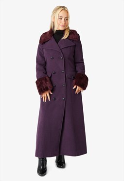Purple Wool Blend Military Faux Fur Trim Maxi Coat