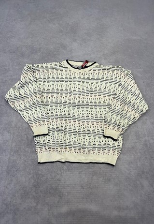 VINTAGE KNITTED JUMPER ABSTRACT PATTERNED GRANDAD SWEATER