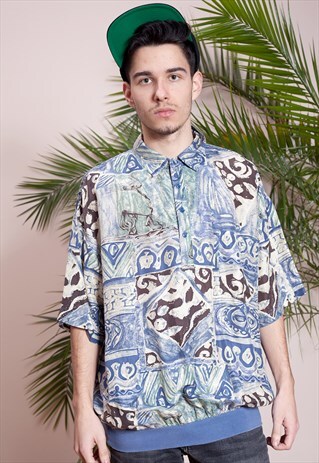 MENS VINTAGE 90S POLO T-SHIRT WITH ALL OVER ABSTRACT PRINT
