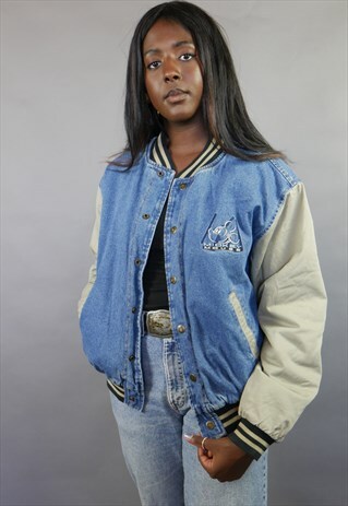 DISNEY WORLD MICKEY MOUSE DENIM BOMBER BASEBALL JACKET