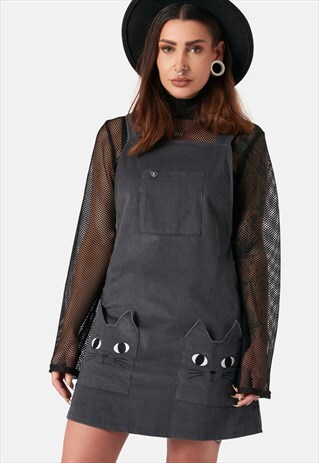 DOUBLE TROUBLE GREY CORDUROY PINAFORE WITH CAT SHAPED POCKET