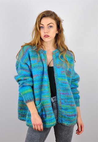 VINTAGE 1980'S BLUE MOHAIR OVERSIZE HOMEKNIT CARDY