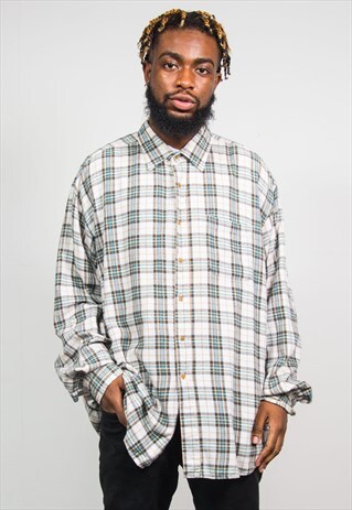 90'S VINTAGE BEIGE CHECK PLAID FLANNEL SHIRT