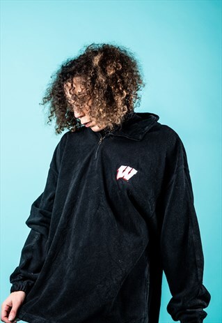 VINTAGE FLEECE JACKET IN BLACK WITH 1/4 ZIP EMBROIDERY LOGO