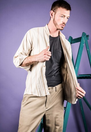 VINTAGE 1990S BEIGE STRIPED GRANDDAD SHIRT