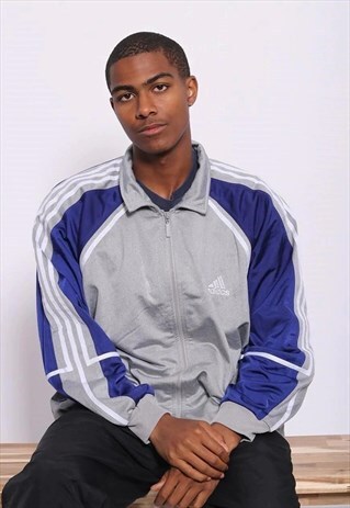 VINTAGE ADIDAS LOGO 3 STRIPE TRACK JACKET BLUE GREY WHITE