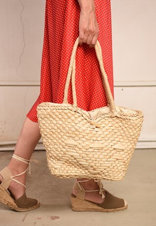 90'S RETRO PARIS CHIC RAFFIA STRAW TOTE BAG