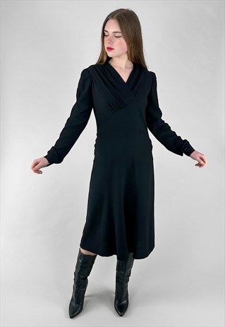 40's Vintage Antique Black Crepe Long Sleeve Midi Dress