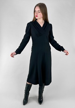 40's Vintage Ladies Black Crepe Long Sleeve Midi Dress