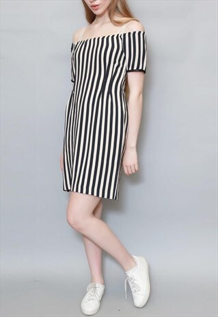 VINTAGE 1990'S NAVY AND WHITE STRIPED BARDOT MINI DRESS