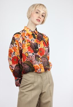 Vintage 70s Floral Pattern Shirt Long Sleeve Small