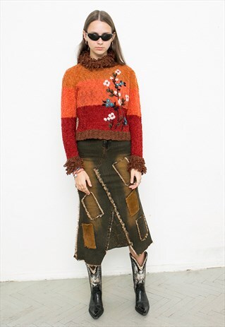 VINTAGE MIDI JEANS TUBE SKIRT WITH PATCHES ABSTRACT PATTERN