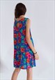 VINTAGE SLEEVELESS ALL OVER FLORAL SUMMER DRESS IN BLUE M