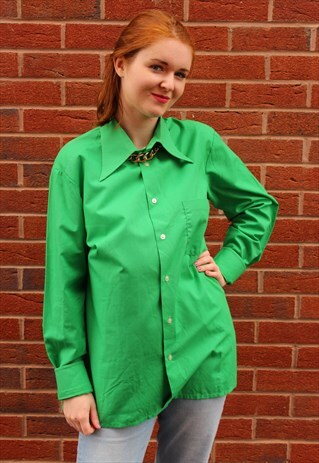 VINTAGE 70S SHIRT BRIGHT GREEN LONG SLEEVED BUTTON DOWN