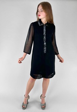 60's Vintage Ladies Sheer Black Evening Dress Sequin Trim