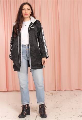 VINTAGE 90S PUMA PADDED COAT IN BLACK SATIN